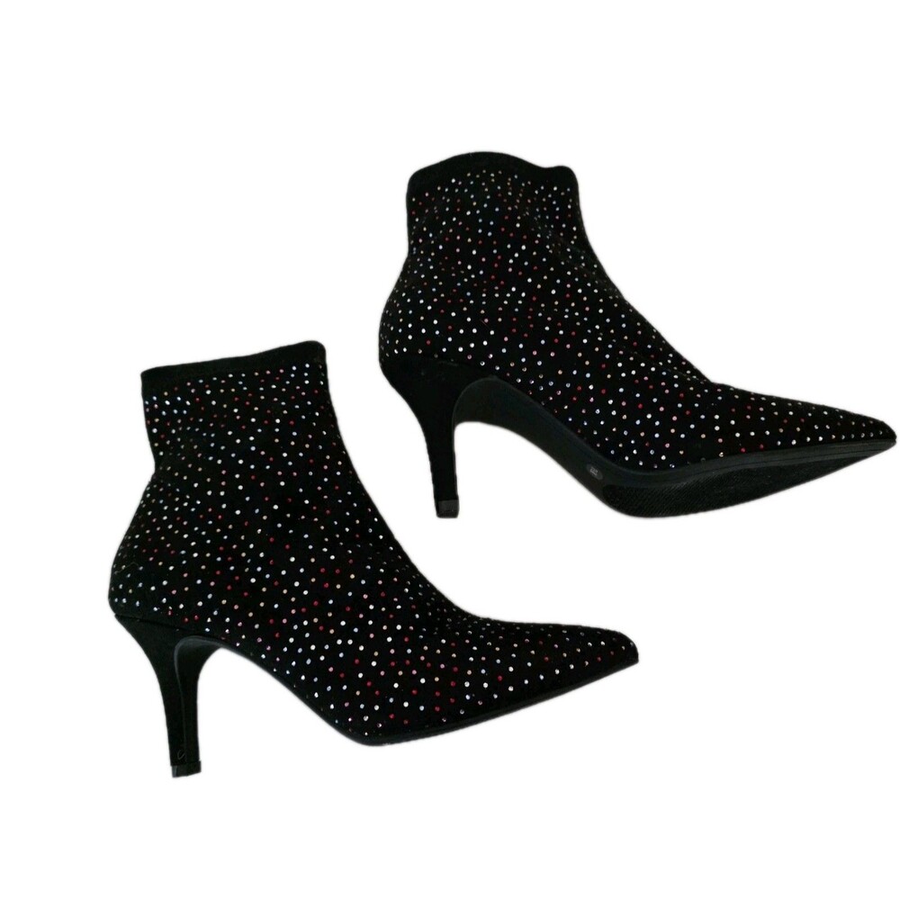 INC International Concepts 7.5 Bray Sock Black Heel Booties W Red Rhinestones - Picture 5 of 14